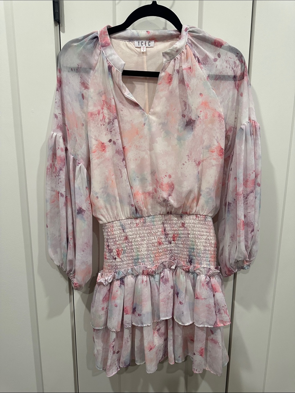 TCEC Pastel Watercolor Smocked Ruffle Dress - Pink & Blue